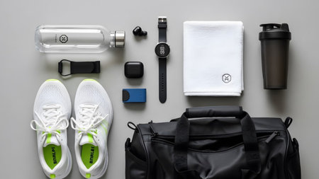 A collection of white athletic gear including shoes earbuds watch towel and gym bag arranged...の写真素材