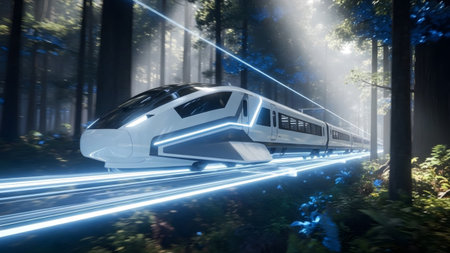Sunlit showing futuristic high-speed train glides through a sunlit forest with glowing blue...