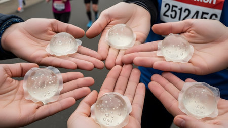 showing hands holding edible water pods at a marathon finish line showing zero waste...