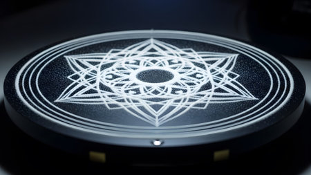 showing glowing sacred geometry symbol on a dark illuminated circular platform.
