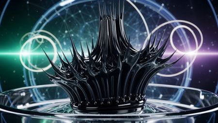 Background showing ferrofluid spikes forming a crown shape with glowing geometric background and...の写真素材