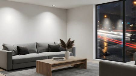 Sofa showing modern living room with grey sofa and coffee table overlooking a blurred city night...