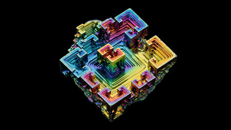 With showing iridescent bismuth crystal cube with geometric stepped layers and rainbow metallic...