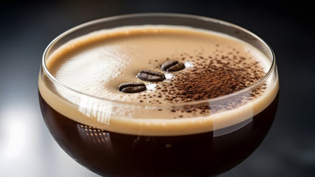 Beans showing espresso martini cocktail with coffee beans and cocoa powder garnish in a coupe...の写真素材