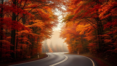 showing foggy winding road through a dense autumn forest with rich red and orange...の写真素材