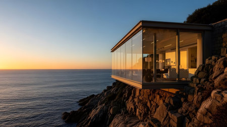Cantilevered showing contemporary glass residence cantilevered over a rocky cliff at sunset....の写真素材