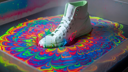 Paint showing light green high-top sneaker submerged in colorful hydrographic paint water.の写真素材