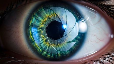 (1606) showing green and blue human eye iris with camera aperture and light glare.の写真素材
