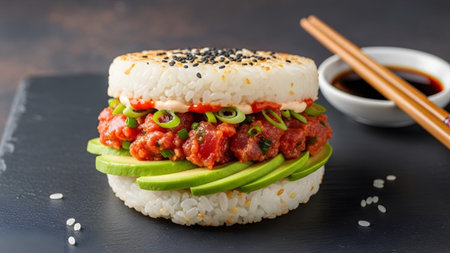 With showing gourmet tuna tartare sushi burger with avocado and soy sauce on slate.の写真素材