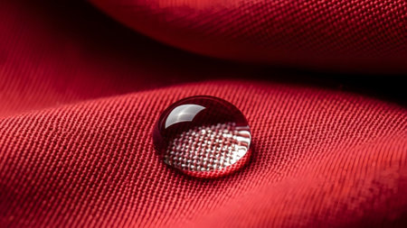 Droplet showing macro shot of a single water droplet on textured red fabric with intricate weave...