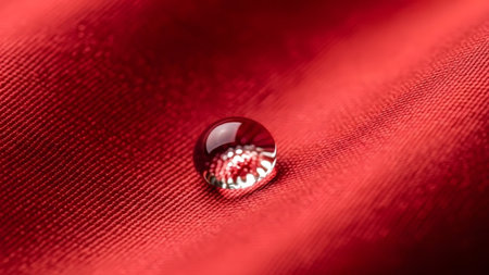 A single clear water droplet rests on a smooth red textile surface, its spherical shape and...