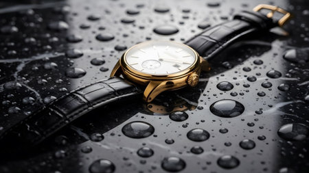 Leather showing gold and white dial watch with black croc leather strap and water droplets.の写真素材