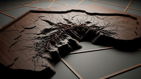 Shape showing layered wooden topographic map of a continent with intricate river system detail...の写真素材