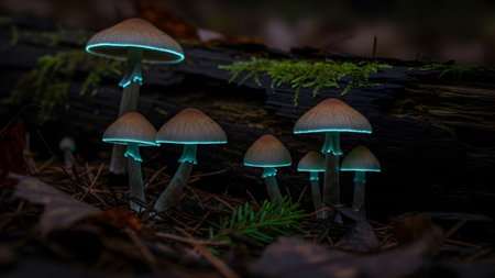 Various sizes of bioluminescent mushrooms glow with a soft blue light on a dark forest floor...の写真素材
