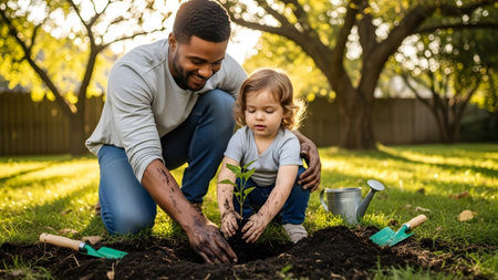 A father and child plant a tree in a green backyard, surrounded by gardening tools and sunlight.の写真素材