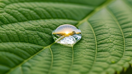 A clear water droplet on a green leaf a reflection of a golden sunrise and a distant landscape.の写真素材