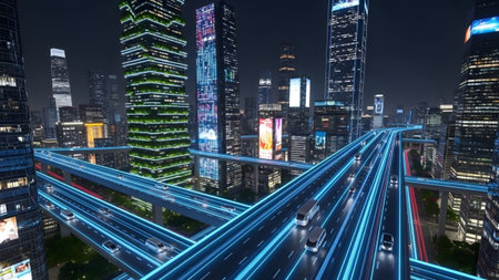 Diverse showing futuristic city with elevated glowing blue highways and diverse skyscrapers at...