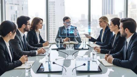Diverse business professionals in a modern boardroom discussing holographic data projections and...