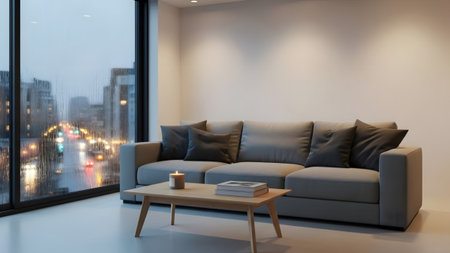 Gray showing comfortable gray sofa in a modern living room with rainy city view through large...