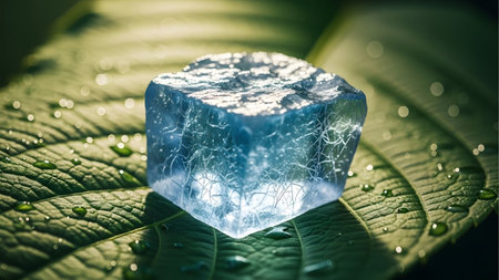 showing close-up of a translucent blue ice cube with internal cracks on a vibrant green...の写真素材