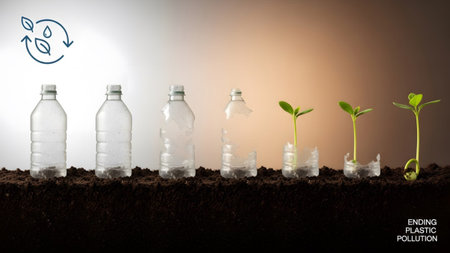 showing sequence of clear plastic bottles decomposing and transforming into growing...