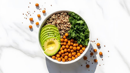showing healthy vegan buddha bowl with sliced avocado quinoa chickpeas and kale on a white...