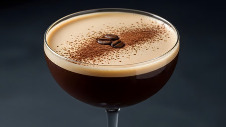 Beans showing espresso martini cocktail with coffee beans and cocoa powder garnish in a coupe...の写真素材