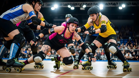 Indoor showing roller derby athletes in protective gear intensely compete on an indoor rink...の写真素材