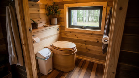 Small showing interior of a small wooden cabin bathroom with a composting toilet.の写真素材