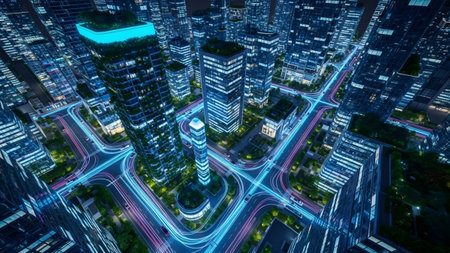 showing overhead view of a futuristic city at night with glowing blue and pink light...