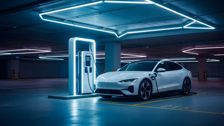 With showing white electric car charging at a futuristic parking station with neon blue lights....