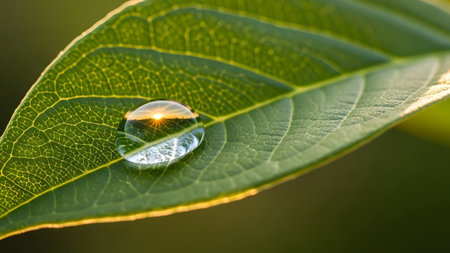 Droplet showing water droplet on a green leaf reflecting a sunset or sunrise over a field or...の写真素材