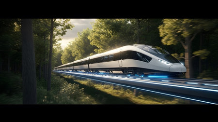 Framing showing white bullet train speeding on a futuristic track through a dense, sun-dappled...