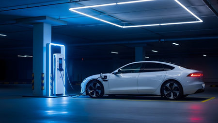 A white electric car is plugged into a glowing blue charging station in a dark, modern parking...