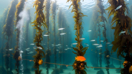 Sunlit showing vibrant orange fish swims through a sunlit underwater kelp forest with many small...の写真素材
