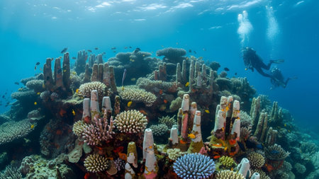 Life showing vibrant underwater coral reef teeming with diverse marine life and two scuba divers...の写真素材