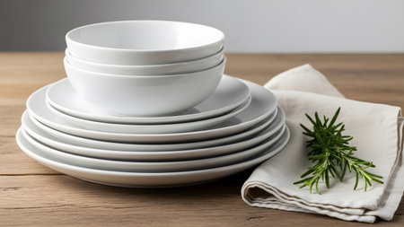 With showing white ceramic plates and bowls stacked with rosemary on wood. resolution