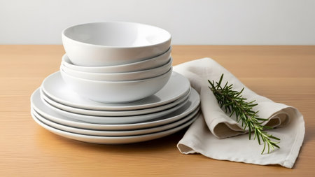 Linen showing white ceramic plates and bowls with rosemary and linen napkin on wooden surface....の写真素材
