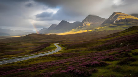 Purple showing winding road through a scottish highland landscape with purple heather and a...の写真素材