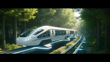 Sunlit showing white high-speed train on illuminated tracks curving through a sunlit green forest.