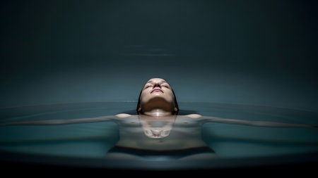 Arms showing woman floating serene in dark water with eyes closed and arms extended sideways....