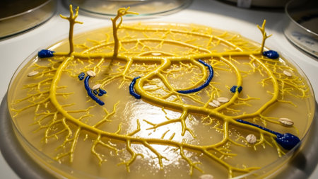 Slime showing yellow slime mold network with blue dots and oat flakes in petri dish.の写真素材