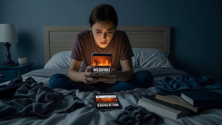 (2169) showing young woman looking at phone screen showing wildfire news in dark room.の写真素材