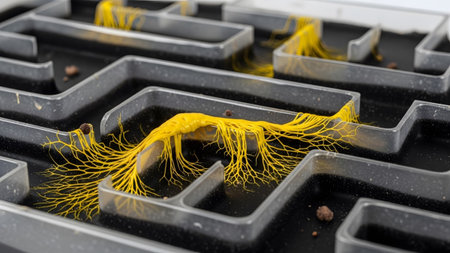 Navigating showing yellow slime mold navigating a black maze structure with brown debris.の写真素材