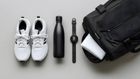 Near showing white athletic shoes and black gym accessories are arranged near an open black...の写真素材