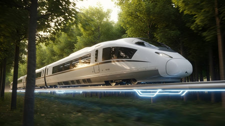 A white high-speed train with subtle blue glowing accents travels on elevated tracks through a...