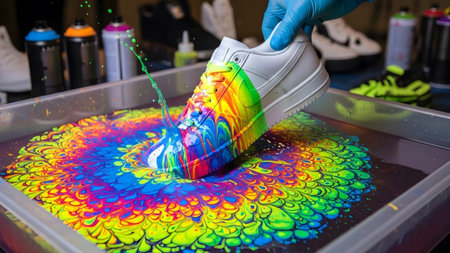 Paint showing white sneaker submerged in vibrant rainbow hydrographic paint water creating...の写真素材