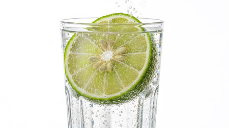 A single bright green lime slice, showing its seeds, is immersed in clear fizzy water with...