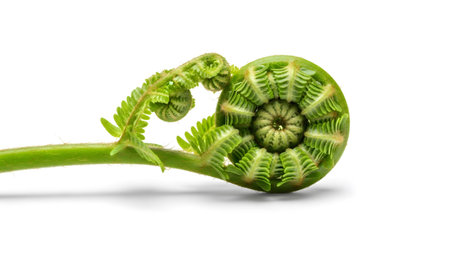 Spiral showing a green fern frond unfurling in a spiral pattern against a white background.