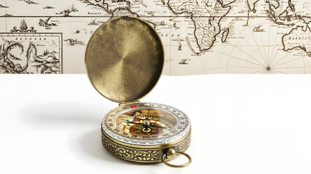 Journey showing antique brass compass resting open on a white surface with an old map background...